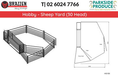 Sheep yard design with dimensions and contact information on a white background