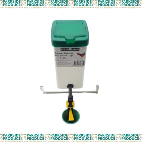 A white chicken waterer with a green lid and a yellow spout, labeled as a 1-liter capacity product suitable for chicks.